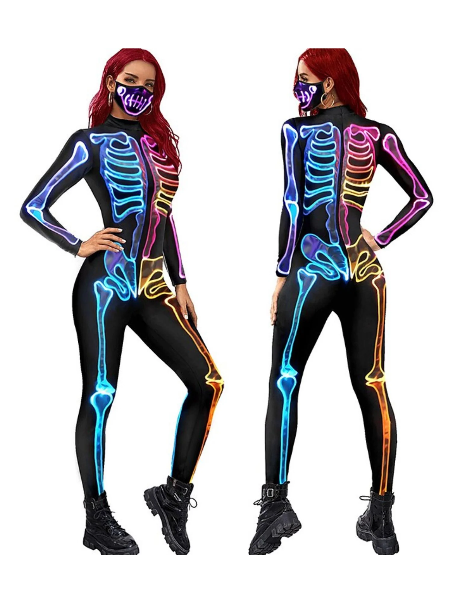 Cool Blue Skeleton Devil Adult's Bodysuit Set - Image 4