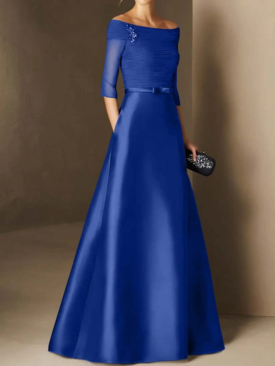 A-Line/Princess Off-the-Shoulder Short Sleeves Mother of the Bride Dresses with Belt Applique - Image 12