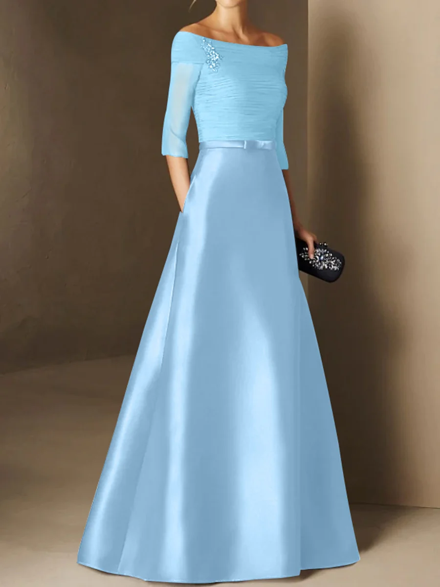 A-Line/Princess Off-the-Shoulder Short Sleeves Mother of the Bride Dresses with Belt Applique - Image 18