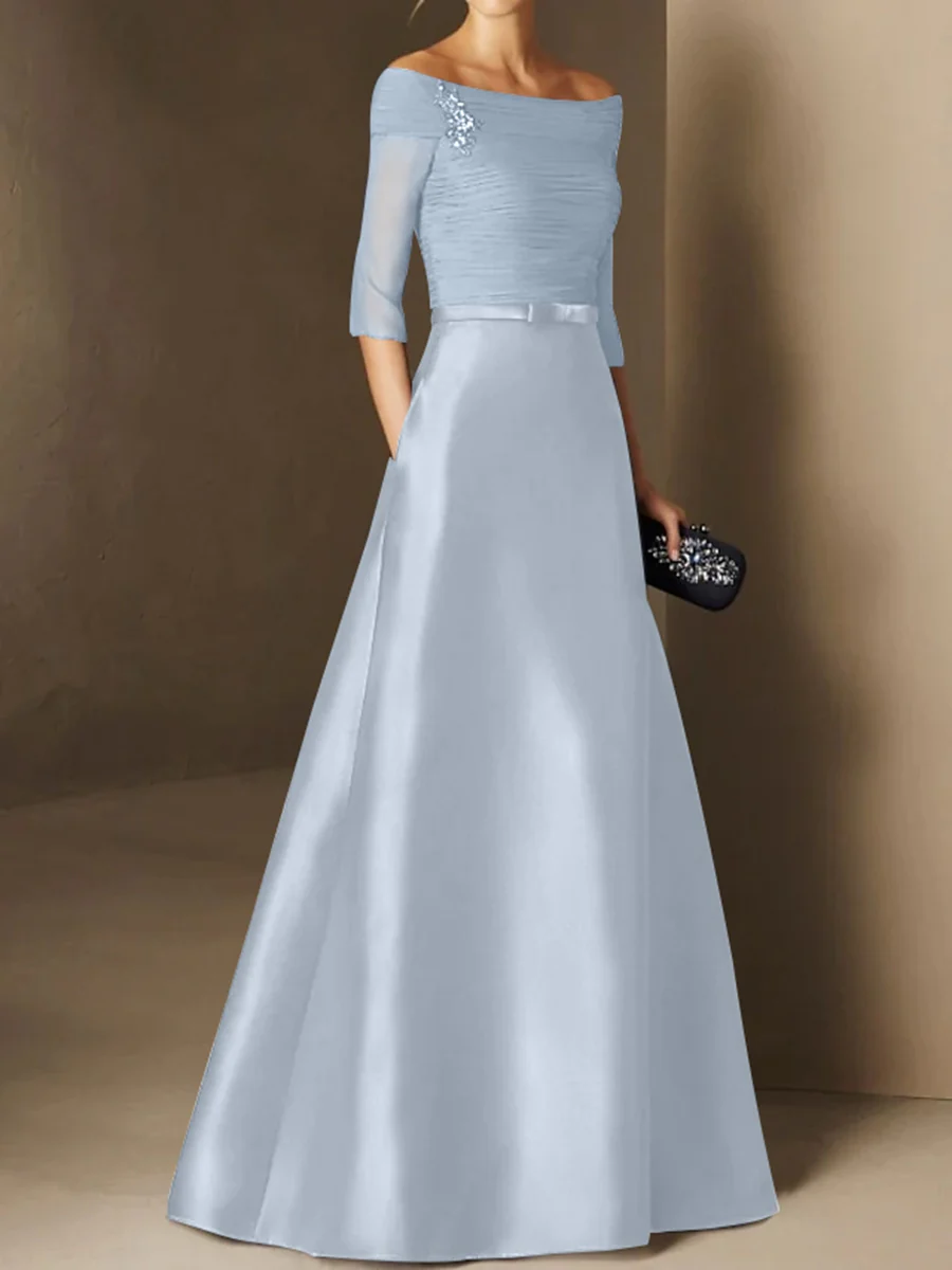 A-Line/Princess Off-the-Shoulder Short Sleeves Mother of the Bride Dresses with Belt Applique - Image 26