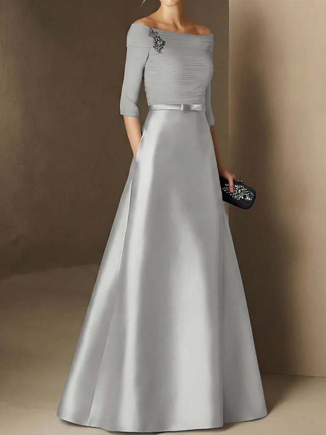 A-Line/Princess Off-the-Shoulder Short Sleeves Mother of the Bride Dresses with Belt Applique - Image 29