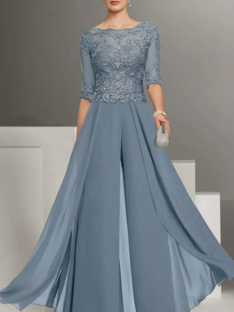 Chiffon Jewel Neck Half Sleeves Ankle-Length Mother of the Bride Pantsuits with Lace - Image 10