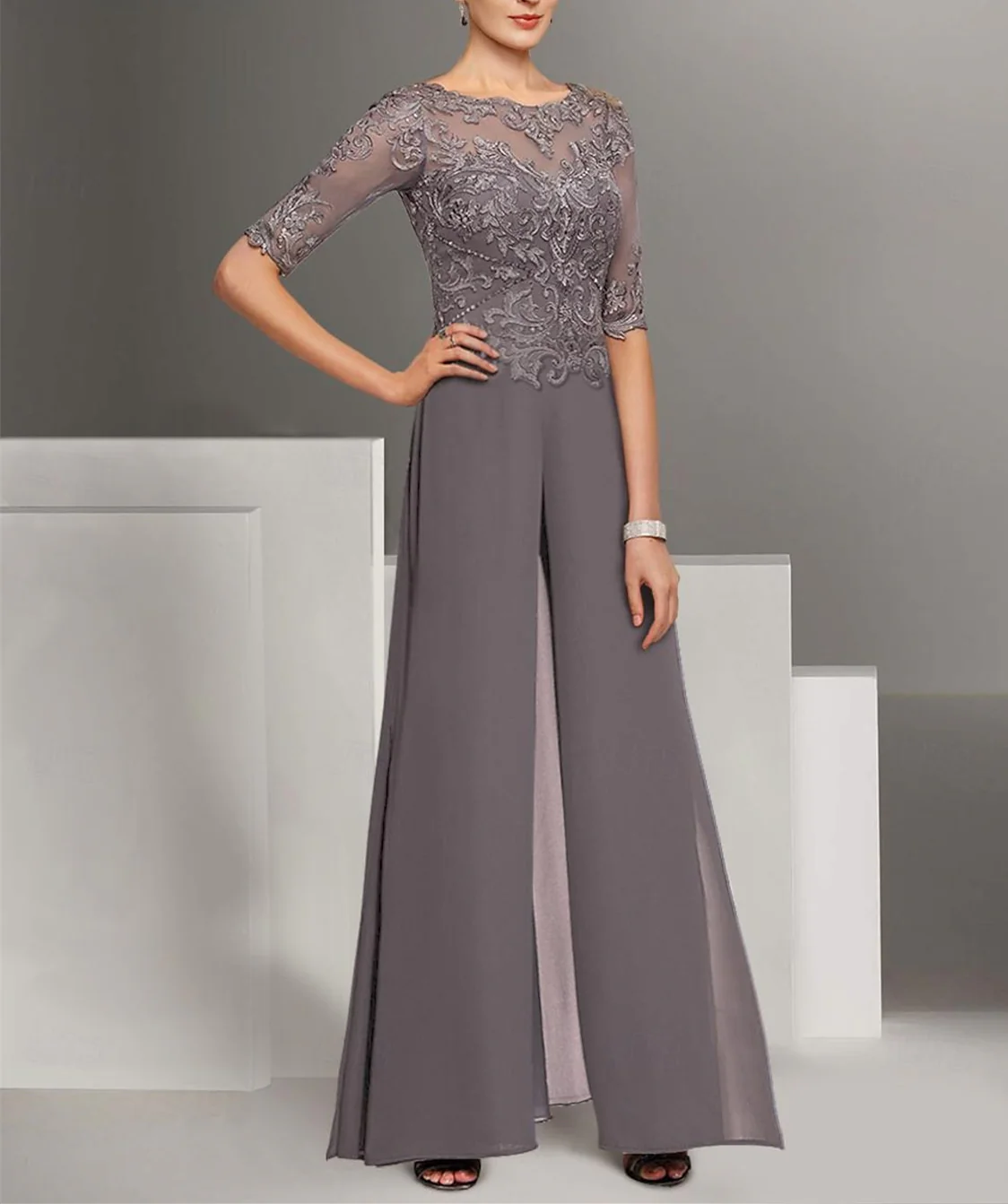 Chiffon Jewel Neck Half Sleeves Ankle-Length Mother of the Bride Pantsuits with Lace - Image 3