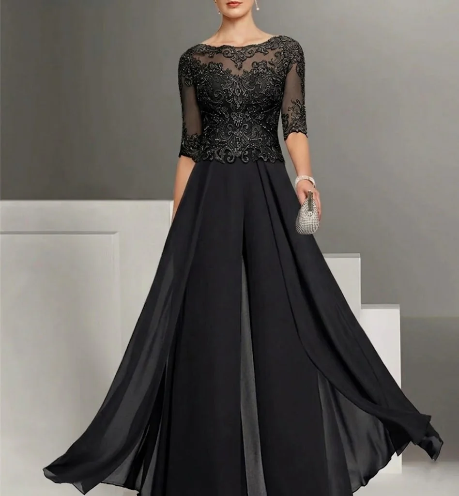 Chiffon Jewel Neck Half Sleeves Ankle-Length Mother of the Bride Pantsuits with Lace - Image 8