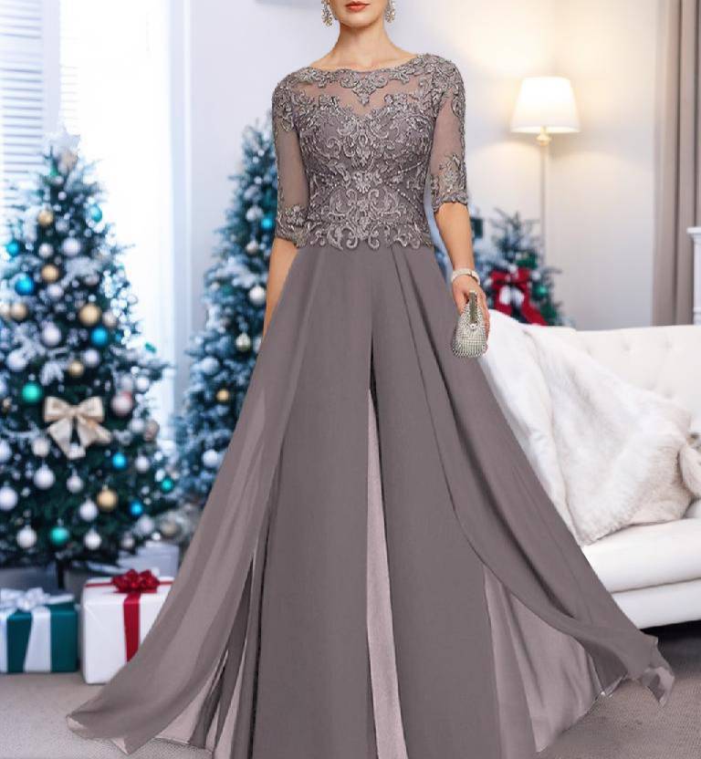 Chiffon Jewel Neck Half Sleeves Ankle-Length Mother of the Bride Pantsuits with Lace - Image 9