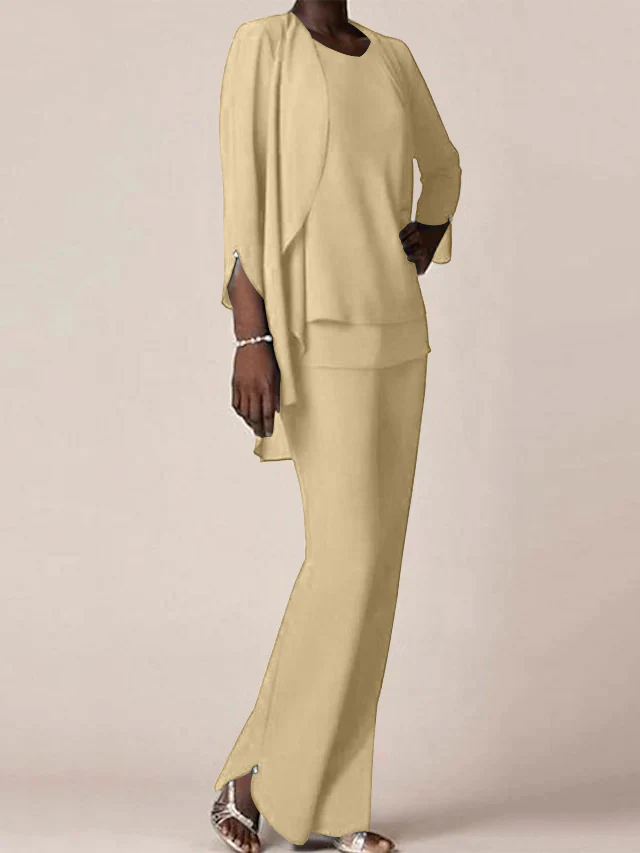 Chiffon Scoop Long Sleeves Floor-Length Mother of the Bride Pantsuits with Ruffles - Image 10