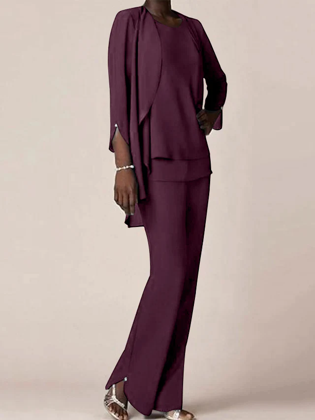 Chiffon Scoop Long Sleeves Floor-Length Mother of the Bride Pantsuits with Ruffles - Image 22