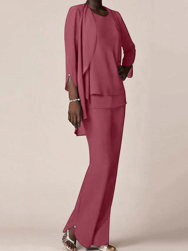Chiffon Scoop Long Sleeves Floor-Length Mother of the Bride Pantsuits with Ruffles - Image 29