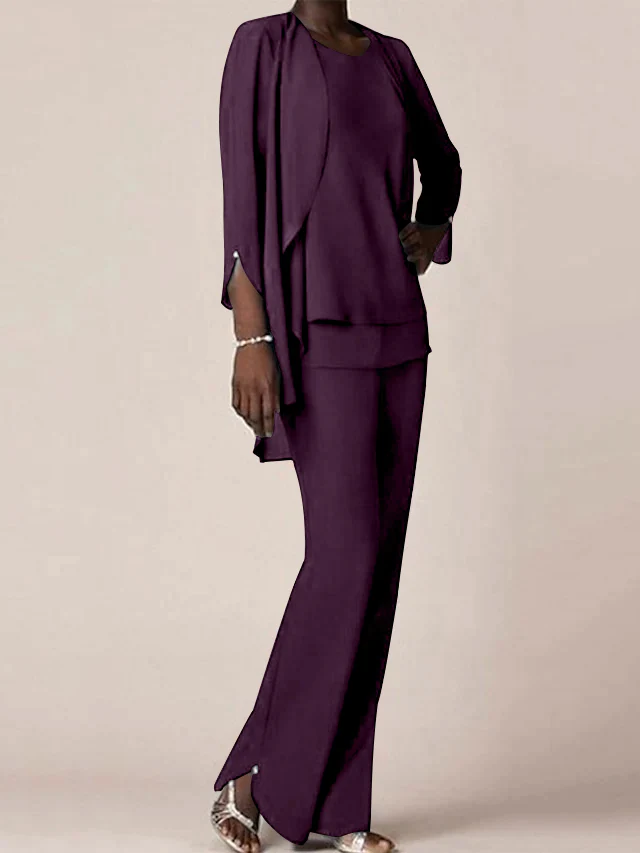 Chiffon Scoop Long Sleeves Floor-Length Mother of the Bride Pantsuits with Ruffles - Image 36