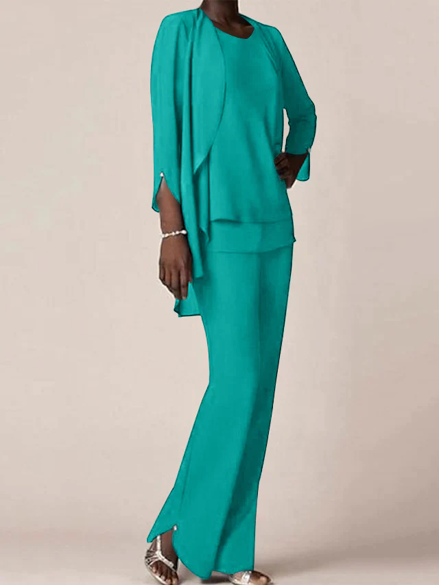 Chiffon Scoop Long Sleeves Floor-Length Mother of the Bride Pantsuits with Ruffles - Image 37