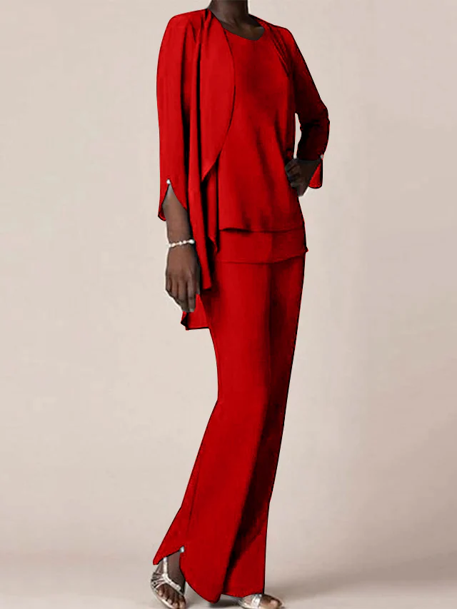 Chiffon Scoop Long Sleeves Floor-Length Mother of the Bride Pantsuits with Ruffles - Image 38