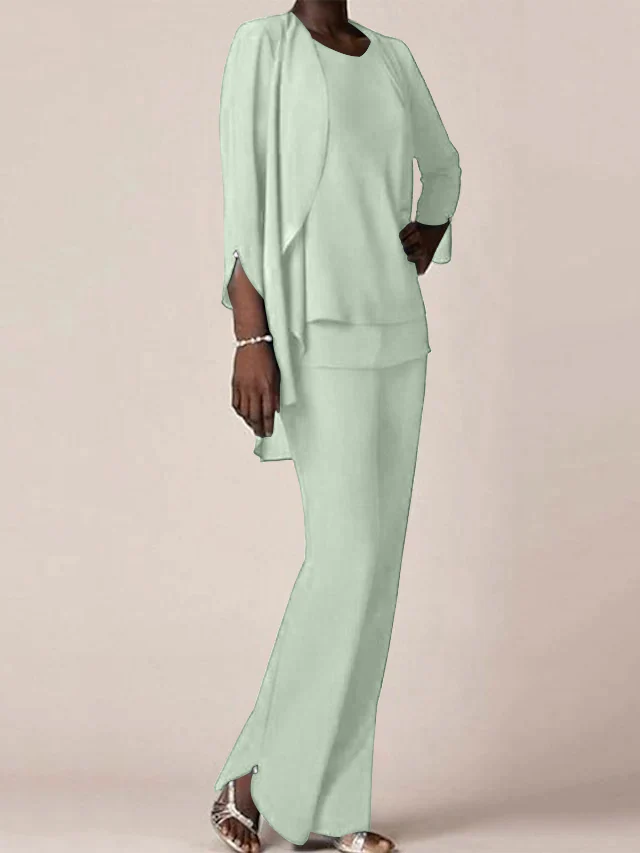 Chiffon Scoop Long Sleeves Floor-Length Mother of the Bride Pantsuits with Ruffles - Image 40