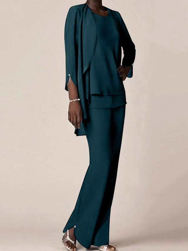 Chiffon Scoop Long Sleeves Floor-Length Mother of the Bride Pantsuits with Ruffles - Image 52