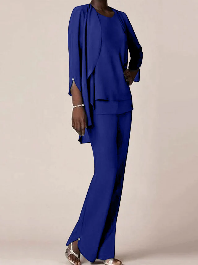 Chiffon Scoop Long Sleeves Floor-Length Mother of the Bride Pantsuits with Ruffles - Image 54