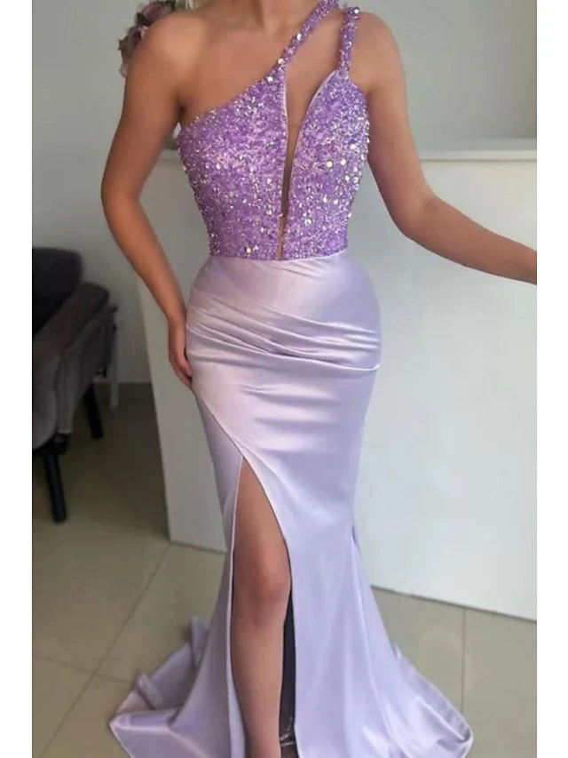 Mermaid/Trumpet One-Shoulder Sleeveless Floor-Length Long Evening Dresses with Sequins - Image 3