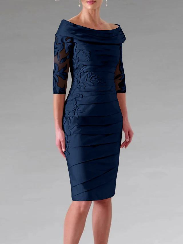 Sheath/Column Scoop Half Sleeves Knee-Length Mother of the Bride Dresses with Appliques Ruching - Image 30