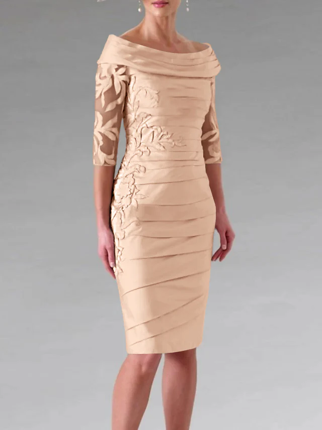 Sheath/Column Scoop Half Sleeves Knee-Length Mother of the Bride Dresses with Appliques Ruching - Image 40