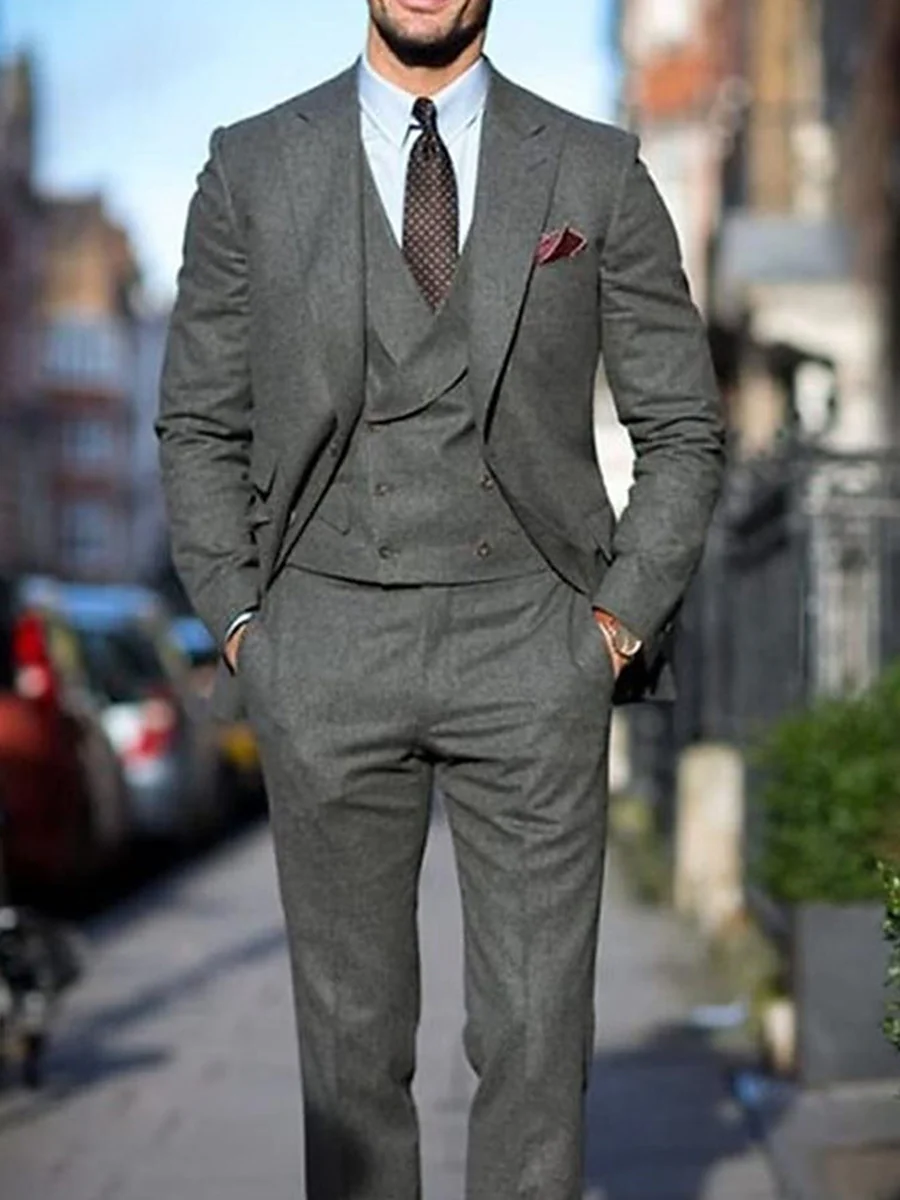 Dark Gray Men's Peak Tweed Single Breasted Two-Buttons Wedding Suits - Image 3