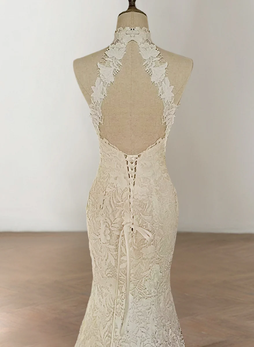 Delicated Trumpet/Mermaid Halter Sleeveless Wedding Dresses with Lace Appliques - Image 2