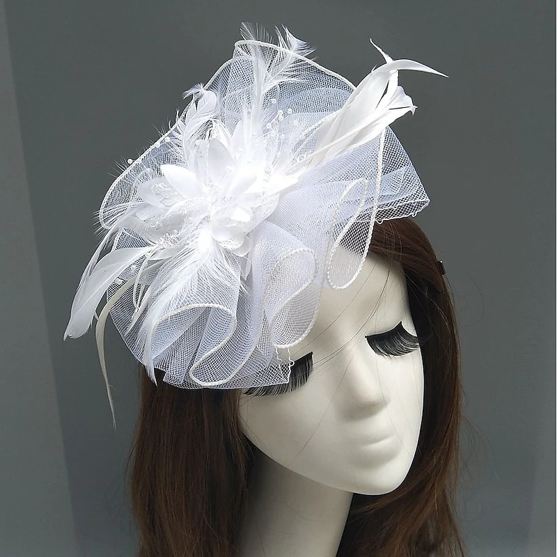 Elegant Net Saucer Hat Fascinator Hats Headpiece Flower Feather & Beading - Image 13
