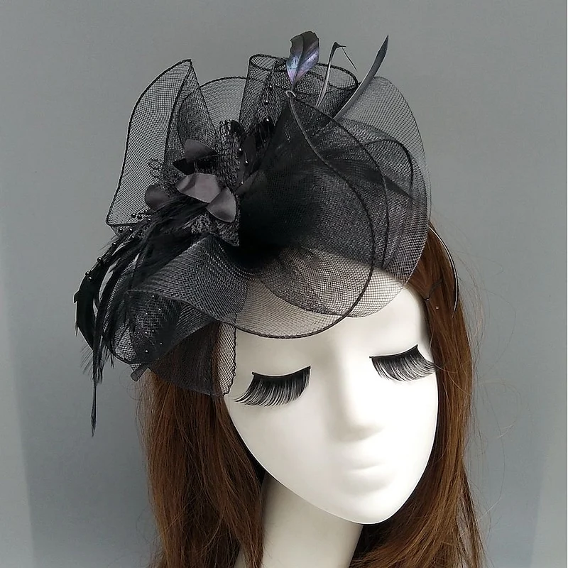 Elegant Net Saucer Hat Fascinator Hats Headpiece Flower Feather & Beading - Image 16