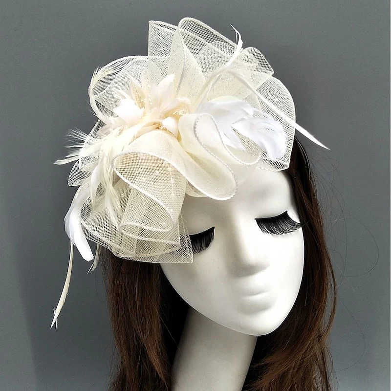 Elegant Net Saucer Hat Fascinator Hats Headpiece Flower Feather & Beading - Image 9
