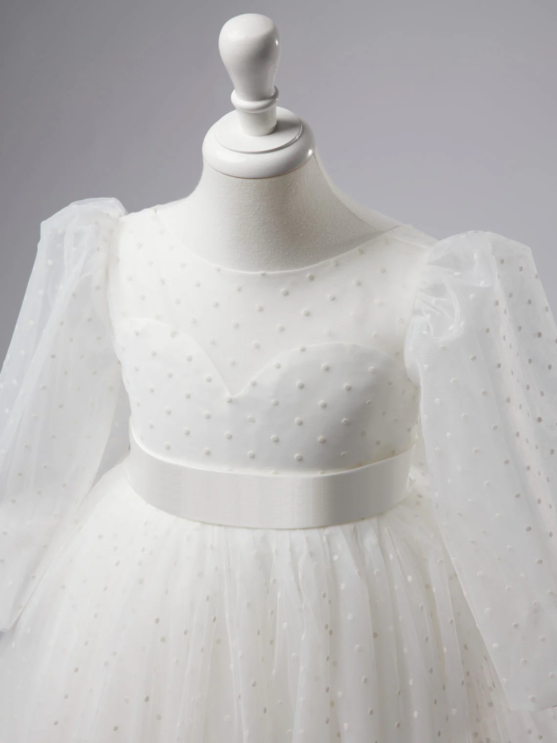 Elegant Polka Dot Tulle Puff Sleeve Sweep Train First Communion Flower Girl Dress - Image 8