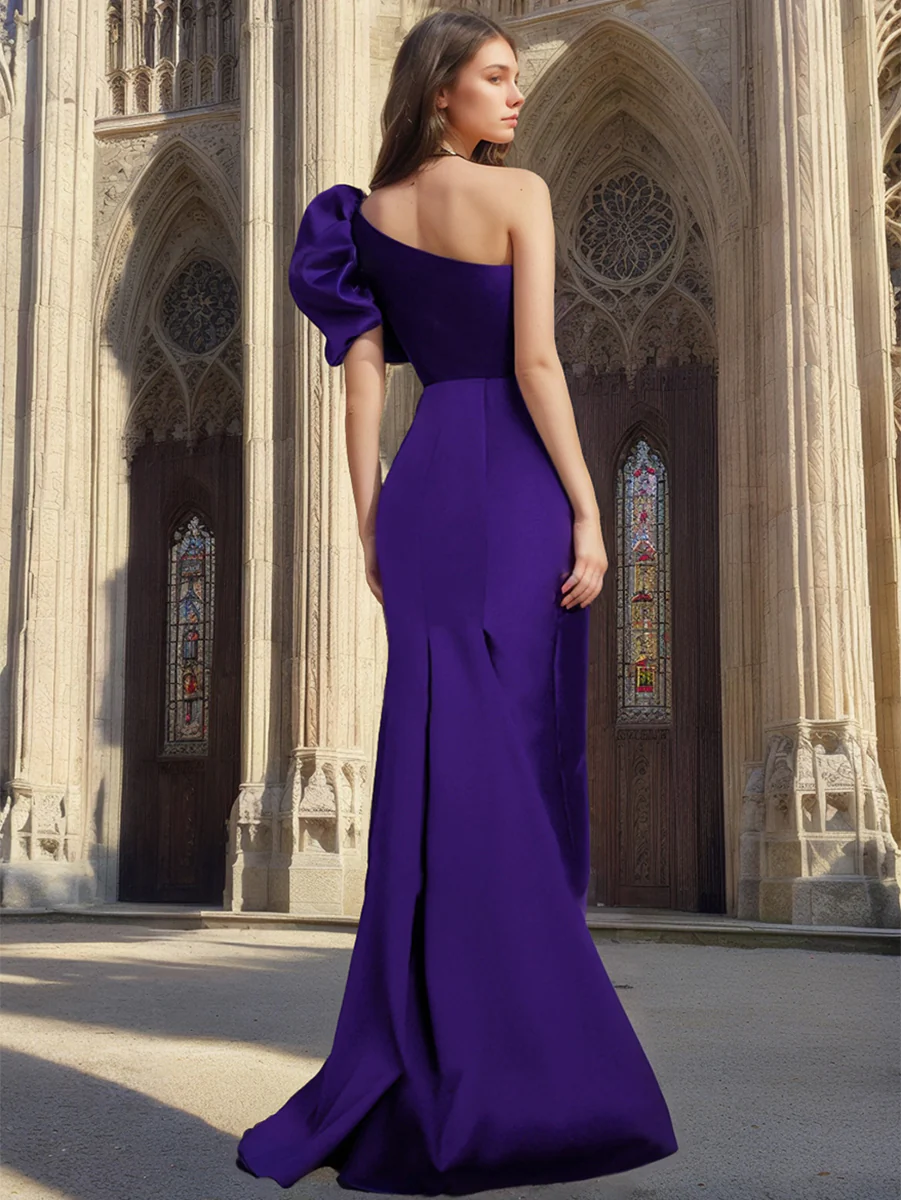 Elegant Sheath/Column One-Shoulder Asymmetrical Satin Mother of the Bride & Groom Dresses with Bow - Image 2