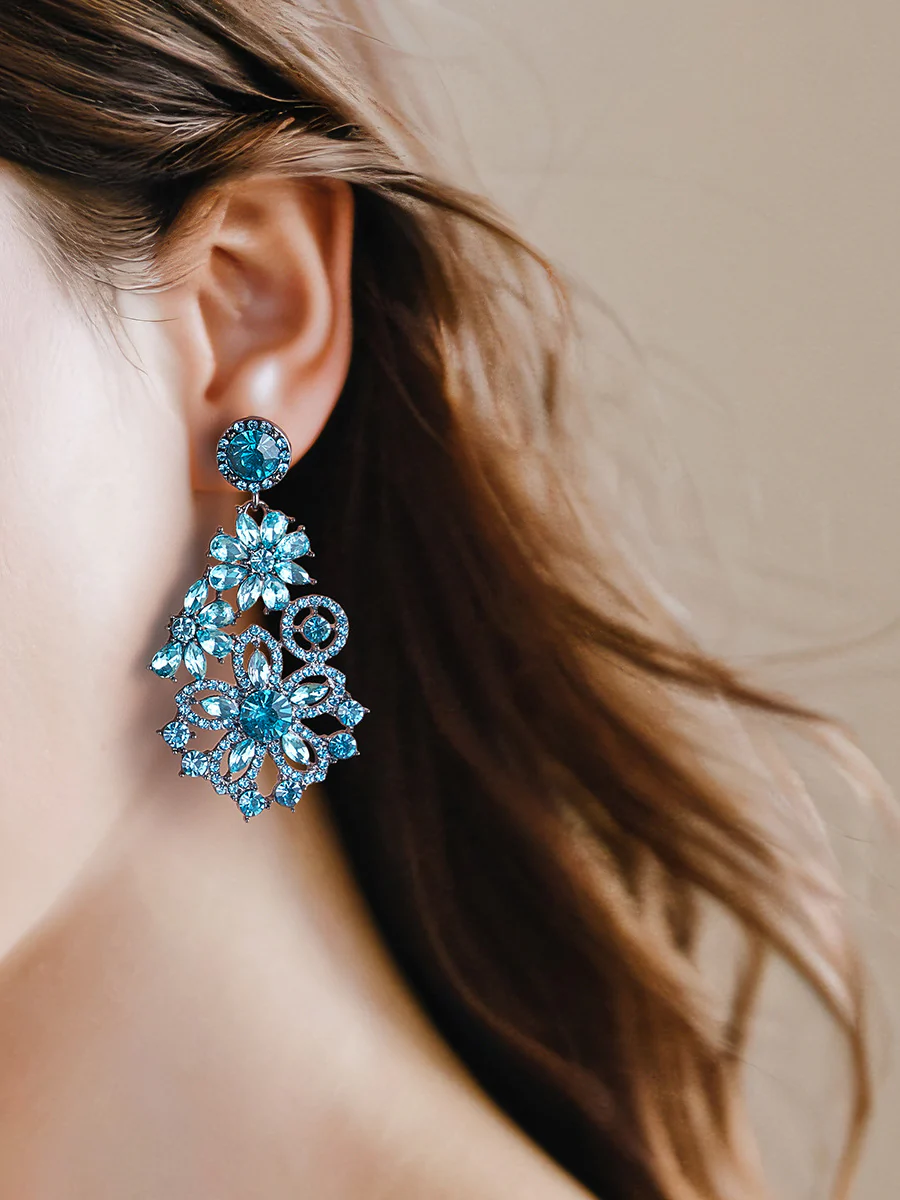 European And American Blue Diamond Flower Light Luxury High-end Earrings For Woman - Image 3