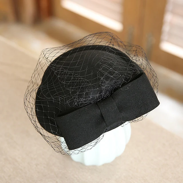 Fascinators Wool Bucket Hat Pillbox Hat  Ladies Day Elegant Retro With Bow(s) Tulle Headpiece Headwear - Image 4