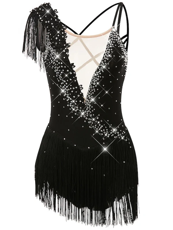 Figure Skating Dress Women's Girls' Dancewear Asymmetric Hem Tassel Mesh Spandex Rhinestone Ice Skating Dress