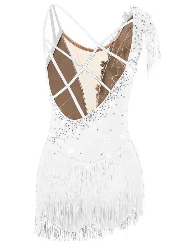 Figure Skating Dress Women's Girls' Dancewear Asymmetric Hem Tassel Mesh Spandex Rhinestone Ice Skating Dress - Image 10