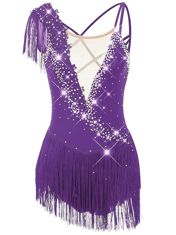 Figure Skating Dress Women's Girls' Dancewear Asymmetric Hem Tassel Mesh Spandex Rhinestone Ice Skating Dress - Image 11