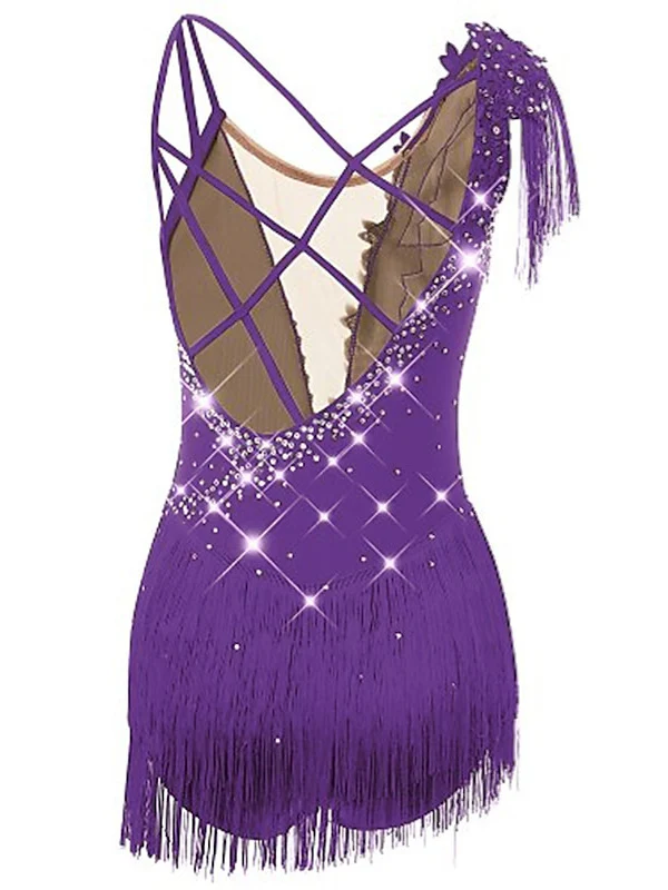 Figure Skating Dress Women's Girls' Dancewear Asymmetric Hem Tassel Mesh Spandex Rhinestone Ice Skating Dress - Image 12