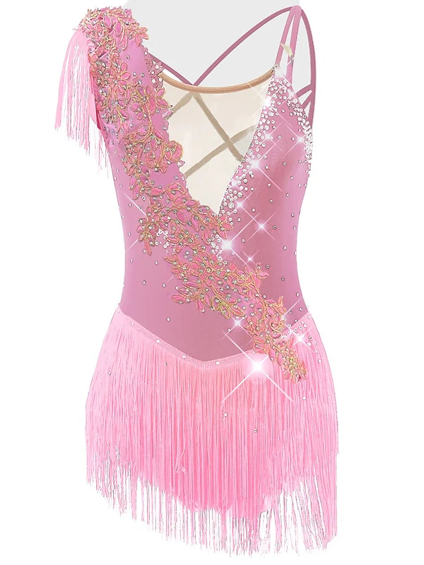 Figure Skating Dress Women's Girls' Dancewear Asymmetric Hem Tassel Mesh Spandex Rhinestone Ice Skating Dress - Image 13