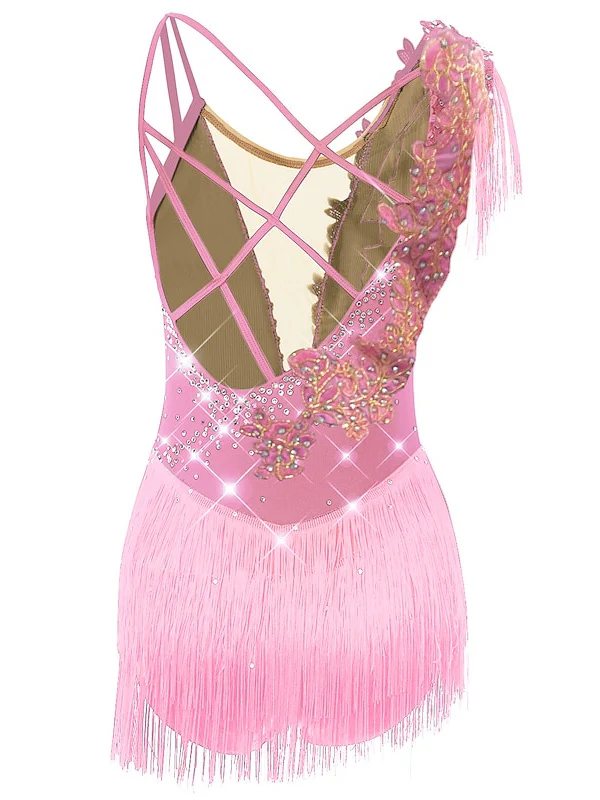 Figure Skating Dress Women's Girls' Dancewear Asymmetric Hem Tassel Mesh Spandex Rhinestone Ice Skating Dress - Image 14
