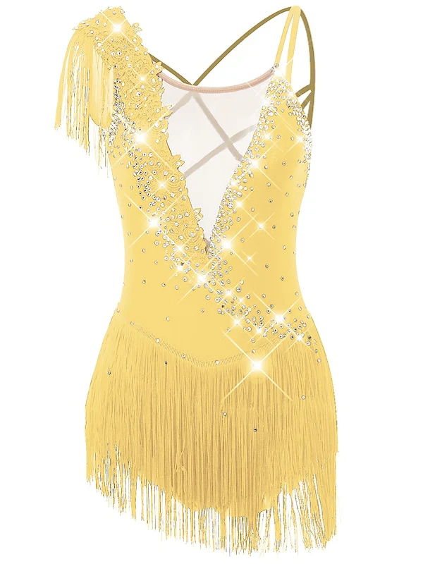 Figure Skating Dress Women's Girls' Dancewear Asymmetric Hem Tassel Mesh Spandex Rhinestone Ice Skating Dress - Image 15
