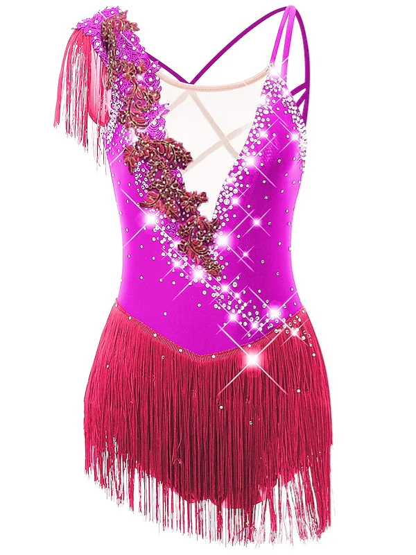 Figure Skating Dress Women's Girls' Dancewear Asymmetric Hem Tassel Mesh Spandex Rhinestone Ice Skating Dress - Image 17