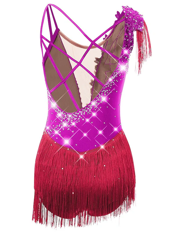 Figure Skating Dress Women's Girls' Dancewear Asymmetric Hem Tassel Mesh Spandex Rhinestone Ice Skating Dress - Image 18