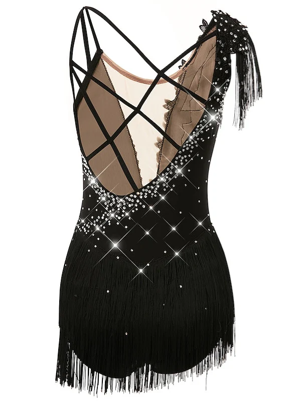 Figure Skating Dress Women's Girls' Dancewear Asymmetric Hem Tassel Mesh Spandex Rhinestone Ice Skating Dress - Image 2