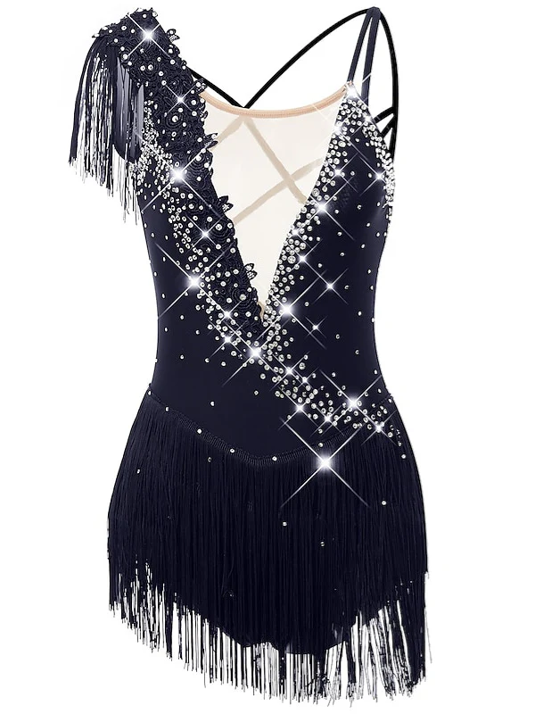 Figure Skating Dress Women's Girls' Dancewear Asymmetric Hem Tassel Mesh Spandex Rhinestone Ice Skating Dress - Image 3