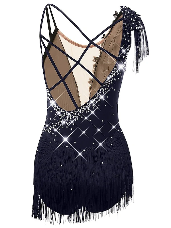 Figure Skating Dress Women's Girls' Dancewear Asymmetric Hem Tassel Mesh Spandex Rhinestone Ice Skating Dress - Image 4