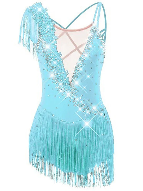 Figure Skating Dress Women's Girls' Dancewear Asymmetric Hem Tassel Mesh Spandex Rhinestone Ice Skating Dress - Image 5