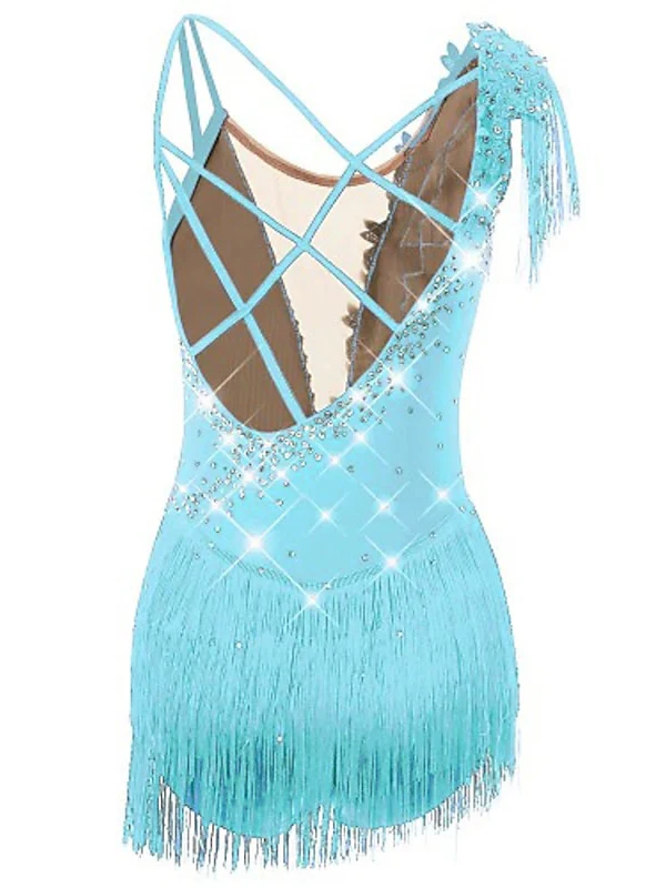 Figure Skating Dress Women's Girls' Dancewear Asymmetric Hem Tassel Mesh Spandex Rhinestone Ice Skating Dress - Image 6