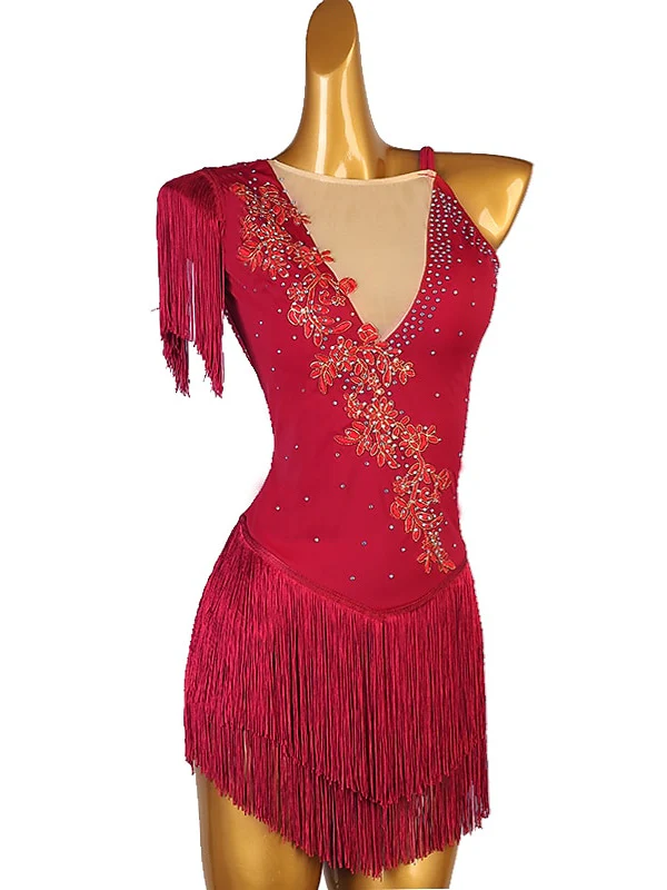 Figure Skating Dress Women's Girls' Dancewear Asymmetric Hem Tassel Mesh Spandex Rhinestone Ice Skating Dress - Image 7