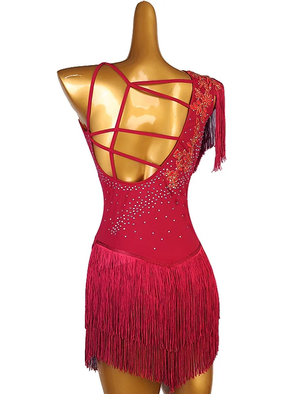 Figure Skating Dress Women's Girls' Dancewear Asymmetric Hem Tassel Mesh Spandex Rhinestone Ice Skating Dress - Image 8