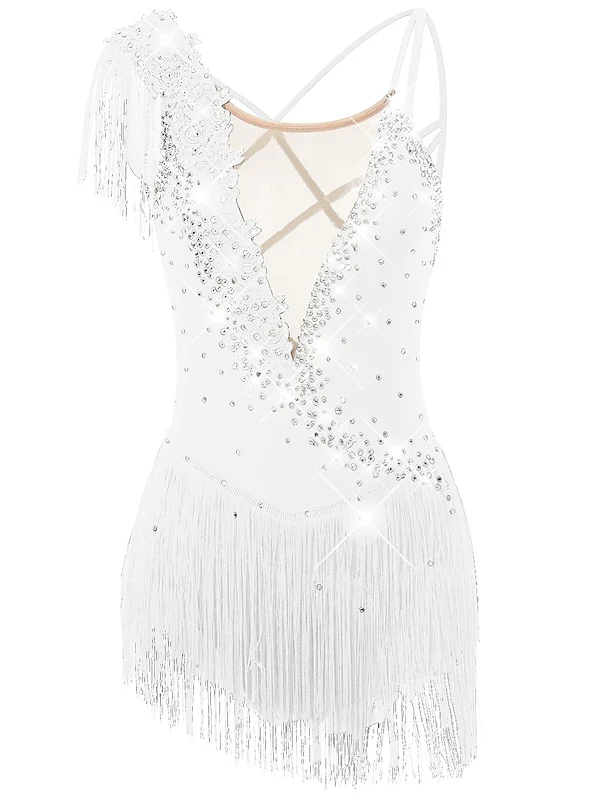 Figure Skating Dress Women's Girls' Dancewear Asymmetric Hem Tassel Mesh Spandex Rhinestone Ice Skating Dress - Image 9