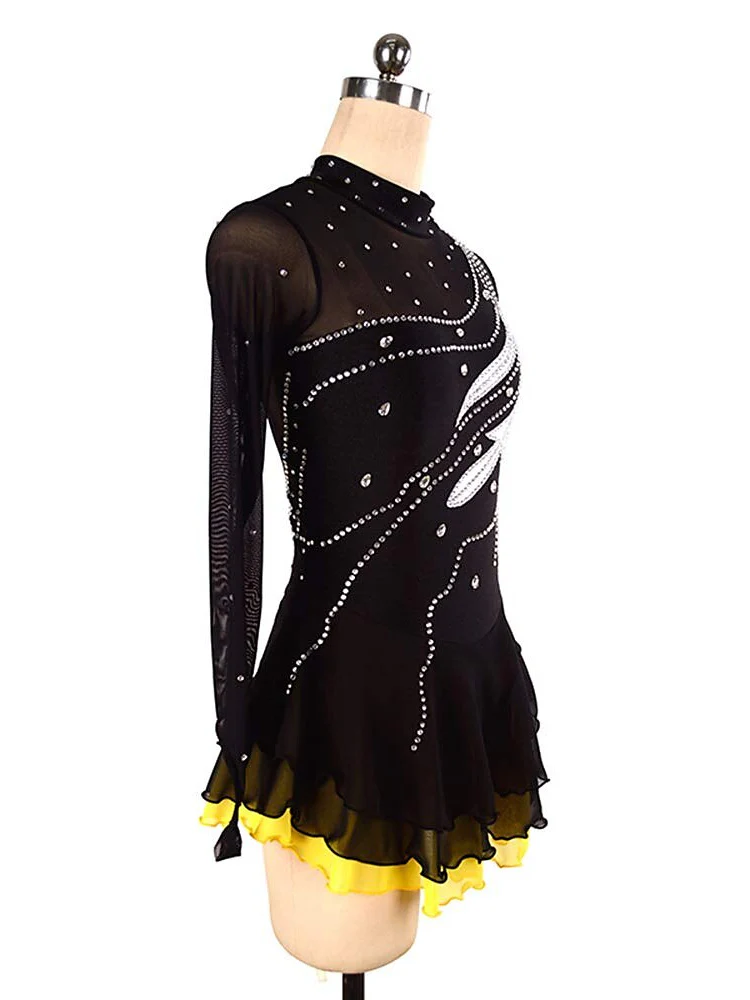 Figure Skating Dress Women's Girls' Dancewear Black Stretchy Crystal/Rhinestone Long Sleeve Ice Skating Dress - Image 2