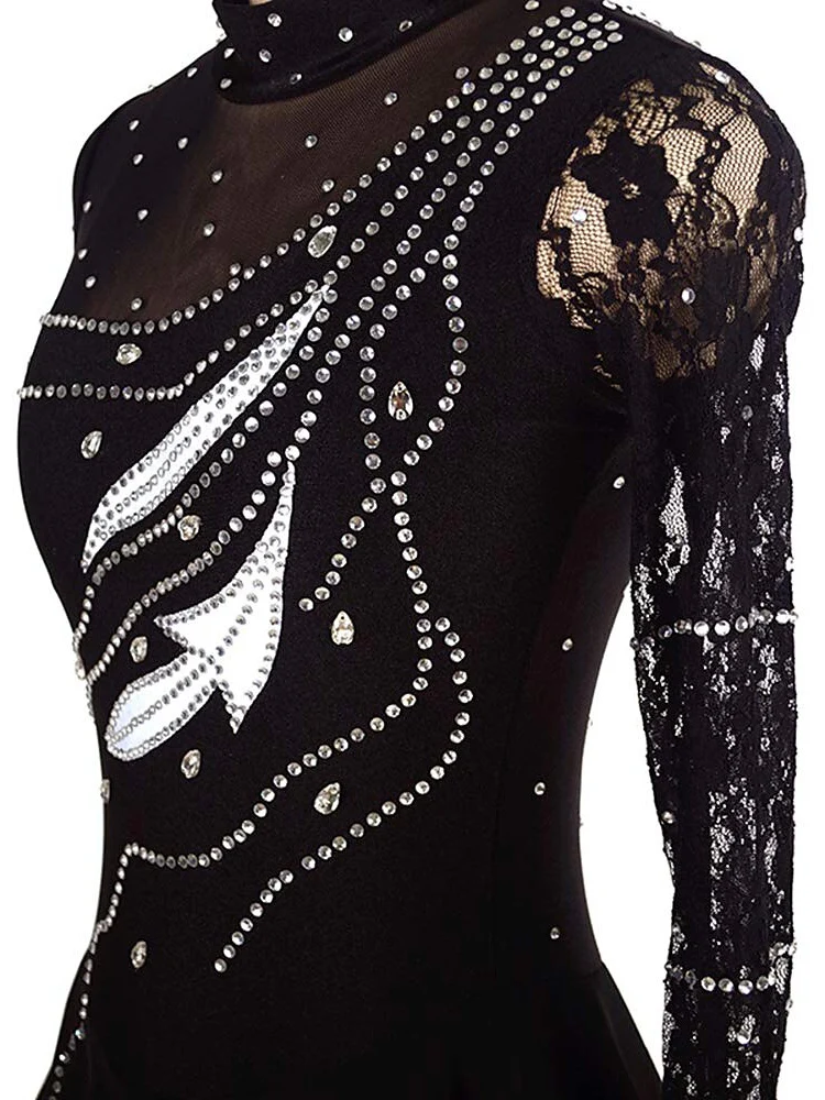Figure Skating Dress Women's Girls' Dancewear Black Stretchy Crystal/Rhinestone Long Sleeve Ice Skating Dress - Image 3