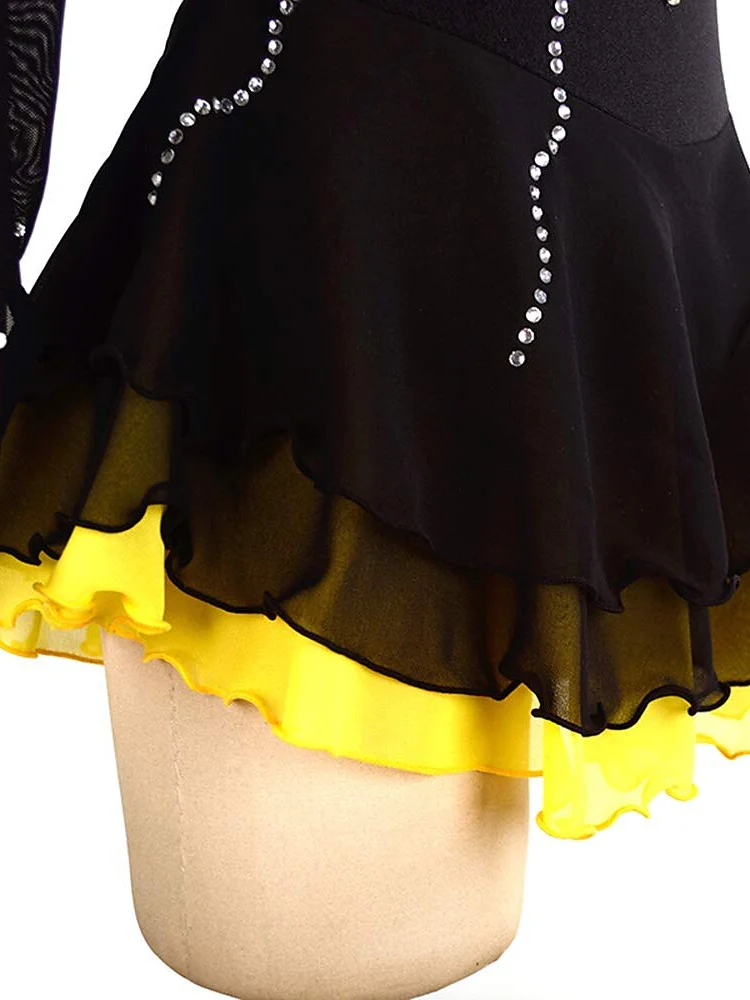 Figure Skating Dress Women's Girls' Dancewear Black Stretchy Crystal/Rhinestone Long Sleeve Ice Skating Dress - Image 4